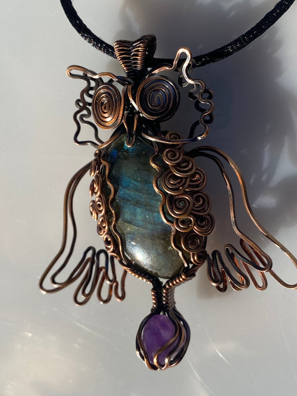 Owl Pendent Labrodorite, Amethyst and Wrapped in Antiqued Copper
