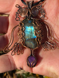 Owl Pendent Labrodorite, Amethyst and Wrapped in Antiqued Copper